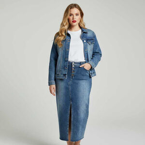 Wash Lab Denim Nordstrom Y2K High Waist Front Slit MIDI Skirt Raw Hem Size 18